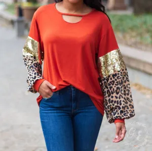 About Last Night Cut Out Top With Balloon Long Sleeve Top In Burnt Orange