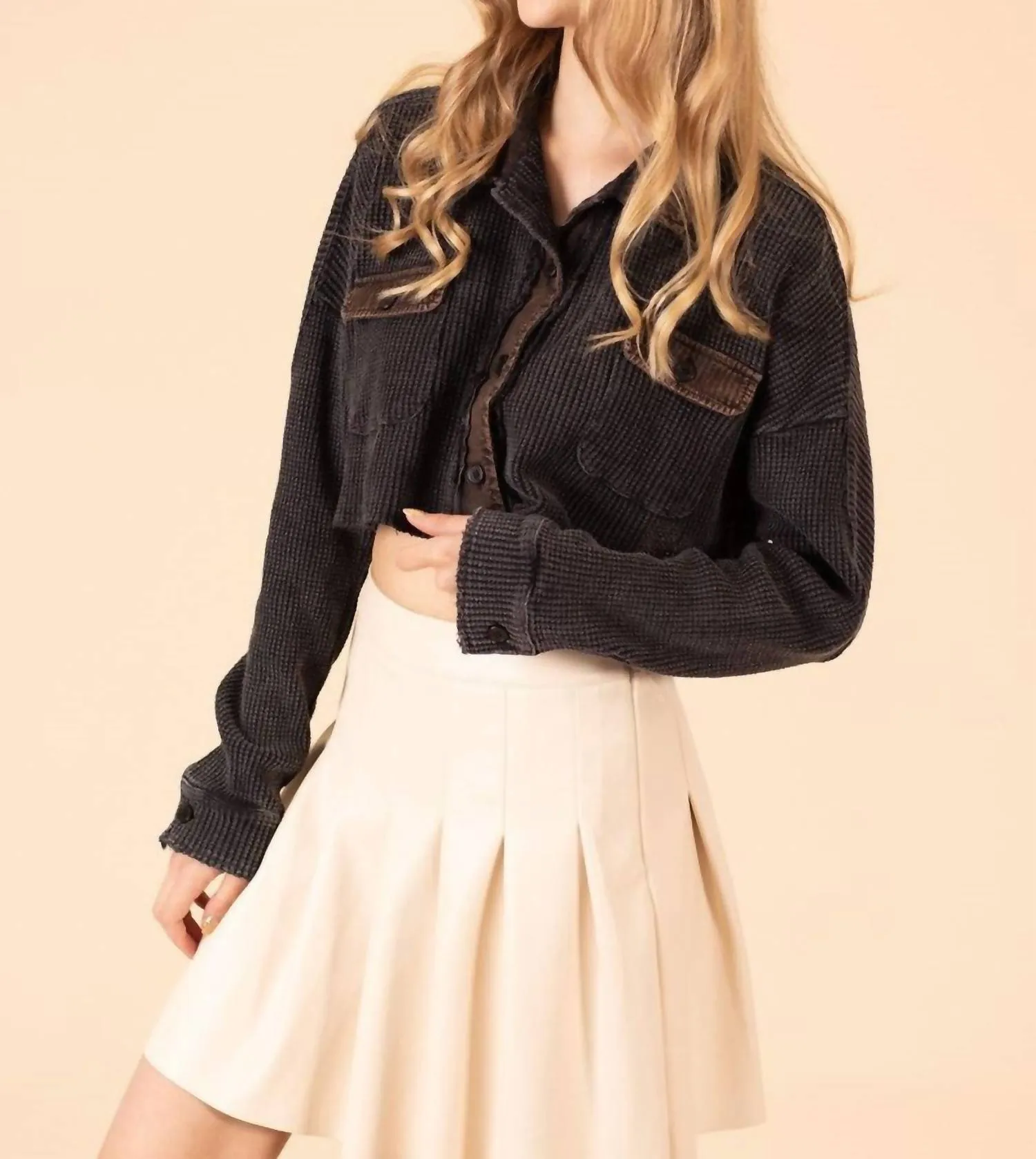 All Night Long Crop Shacket In Black