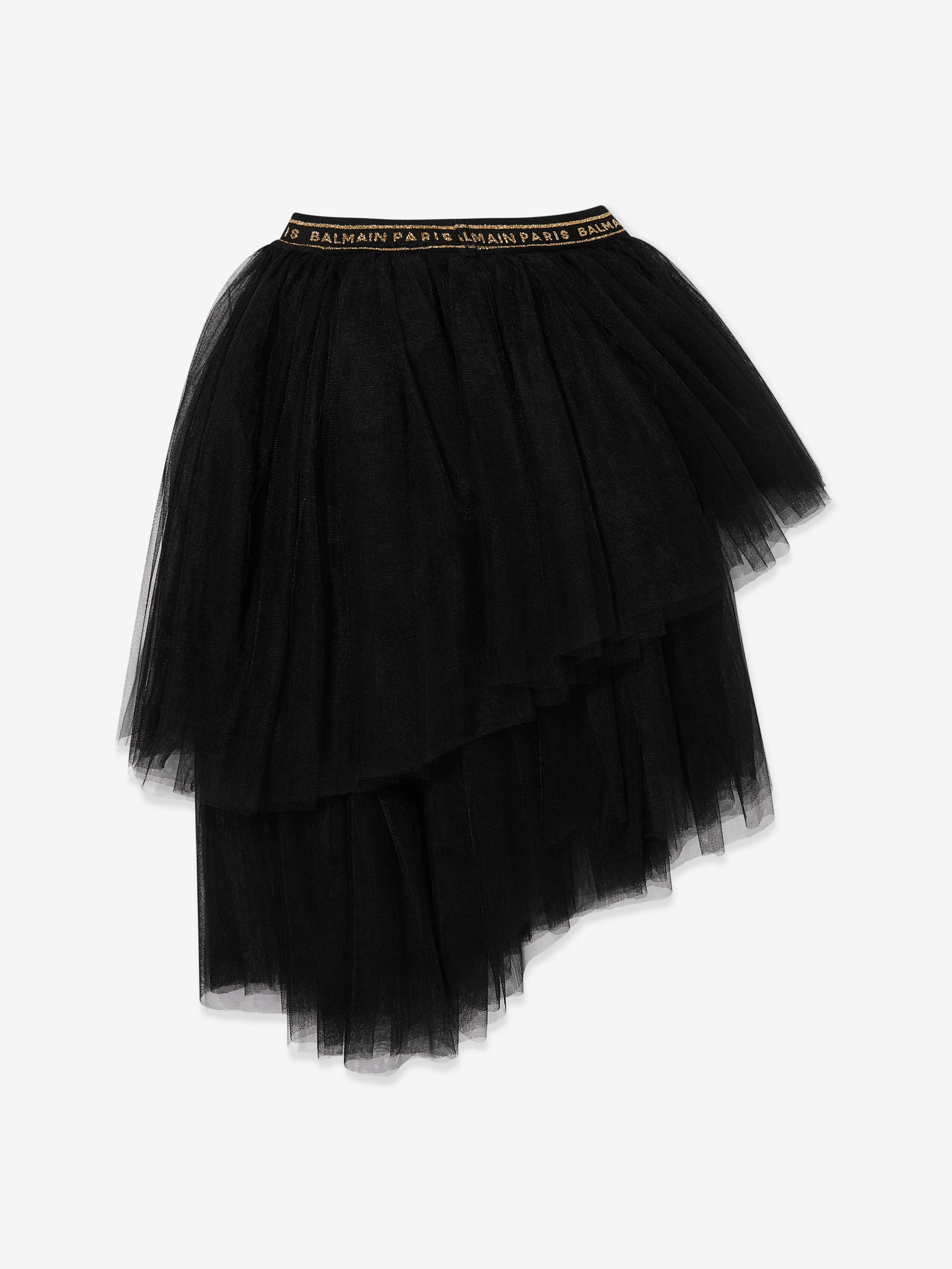 Balmain Girls Asymmetrical Ruffle Skirt in Black