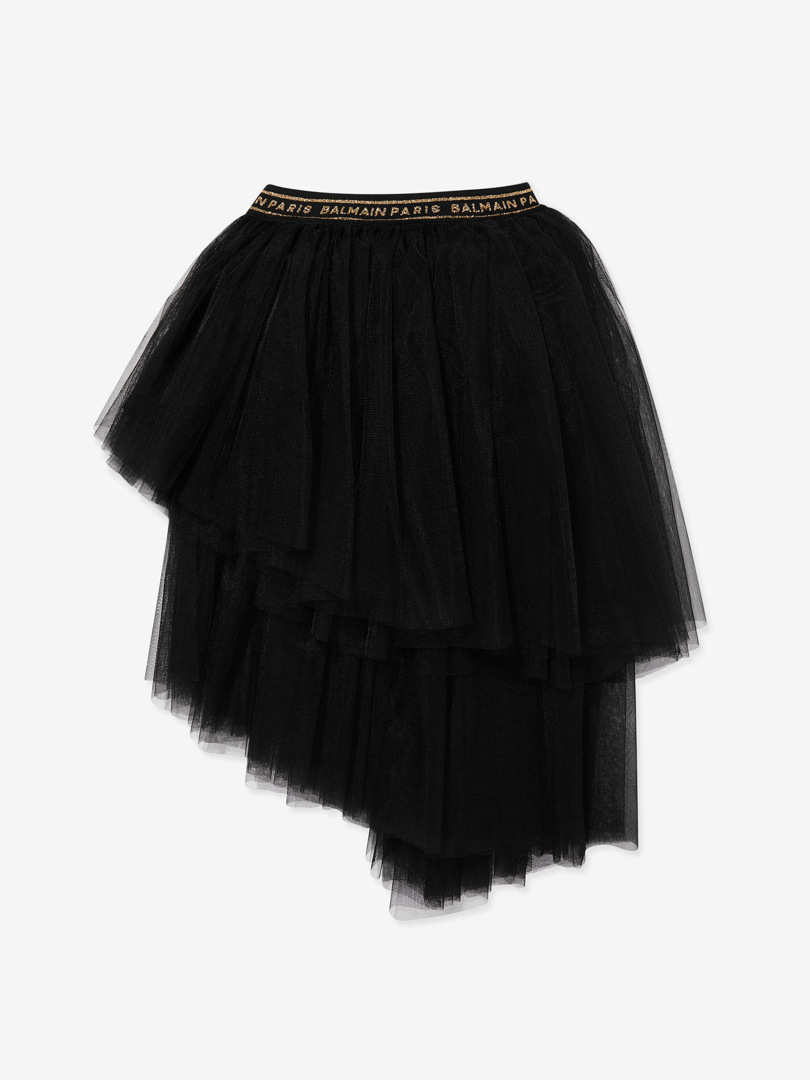 Balmain Girls Asymmetrical Ruffle Skirt in Black
