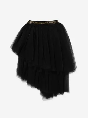 Balmain Girls Asymmetrical Ruffle Skirt in Black