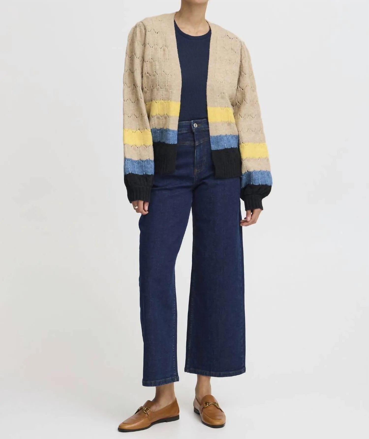 Bynillo Knit Petal Texture Striped Cardigan In Taupe Mix