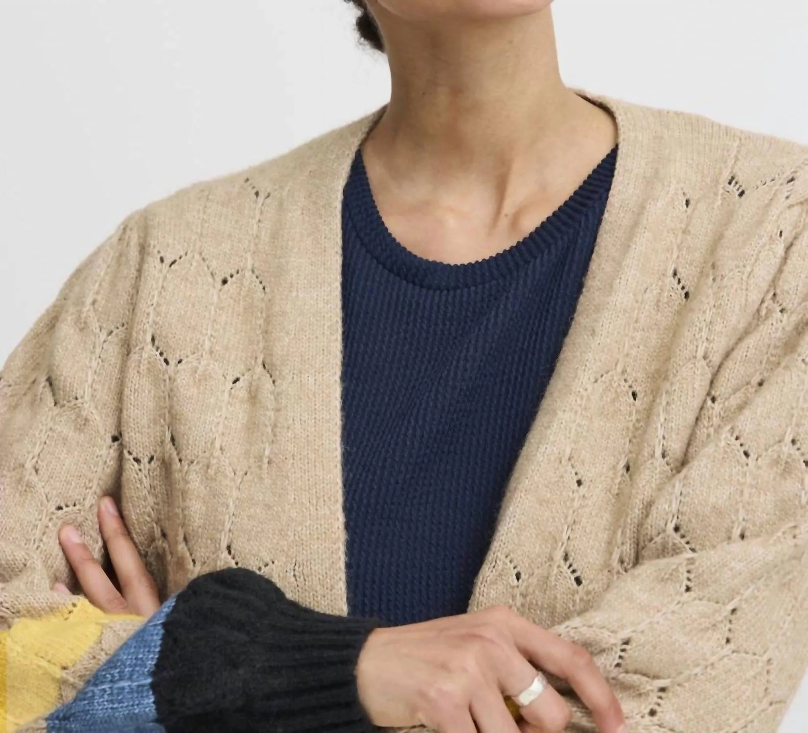 Bynillo Knit Petal Texture Striped Cardigan In Taupe Mix