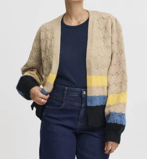 Bynillo Knit Petal Texture Striped Cardigan In Taupe Mix