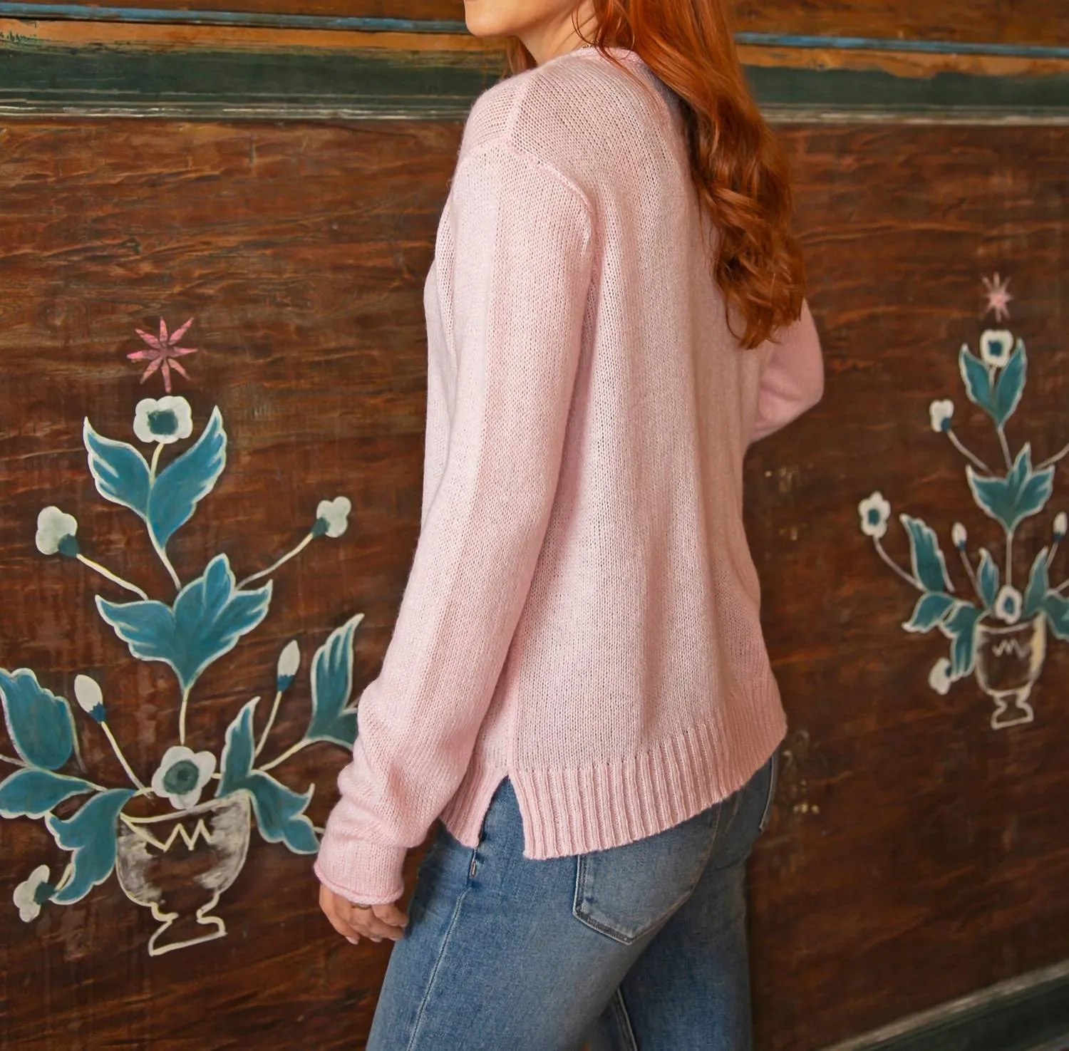 Candy Cane Crew Lightweight Sweater In Pink