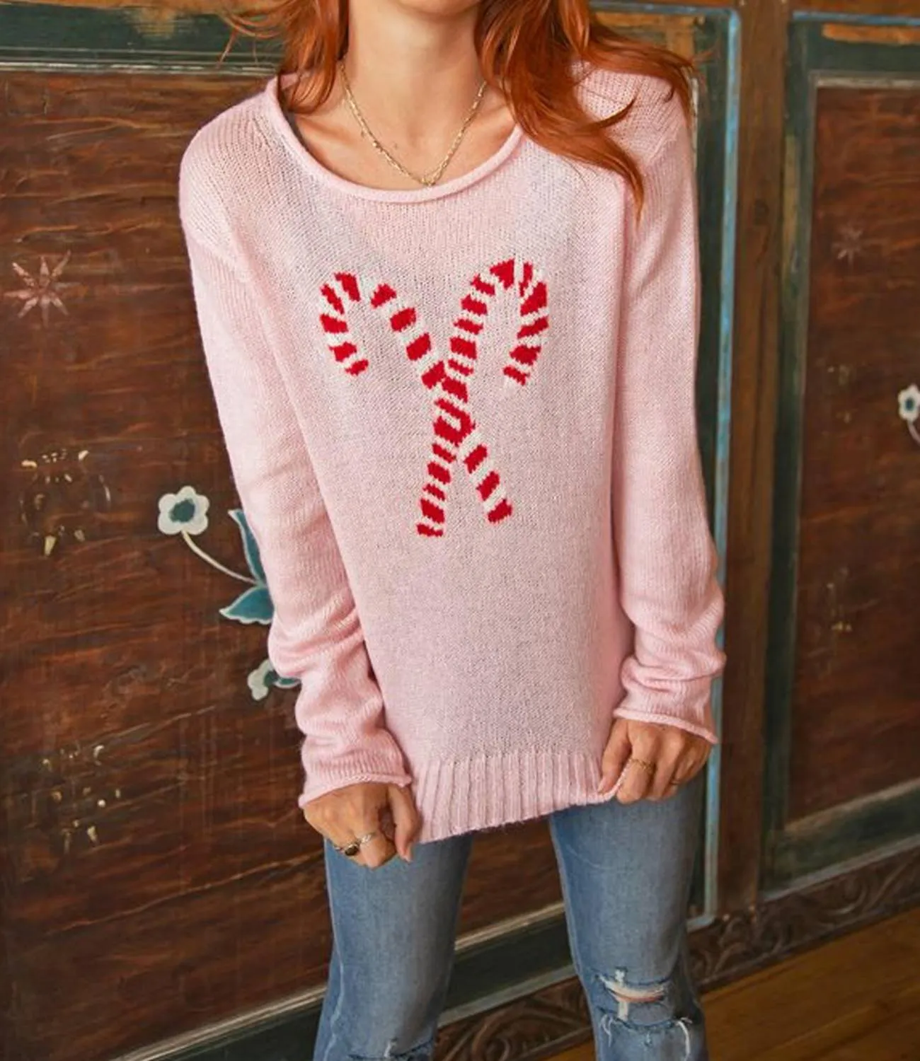 Candy Cane Crew Lightweight Sweater In Pink
