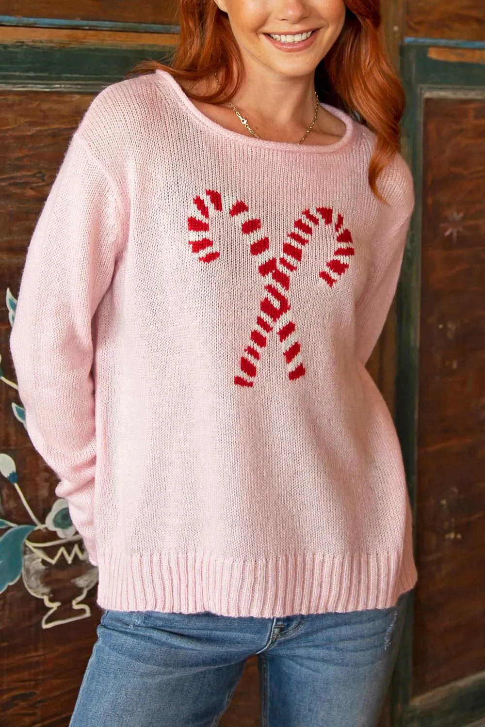 Candy Cane Crew Lightweight Sweater In Pink