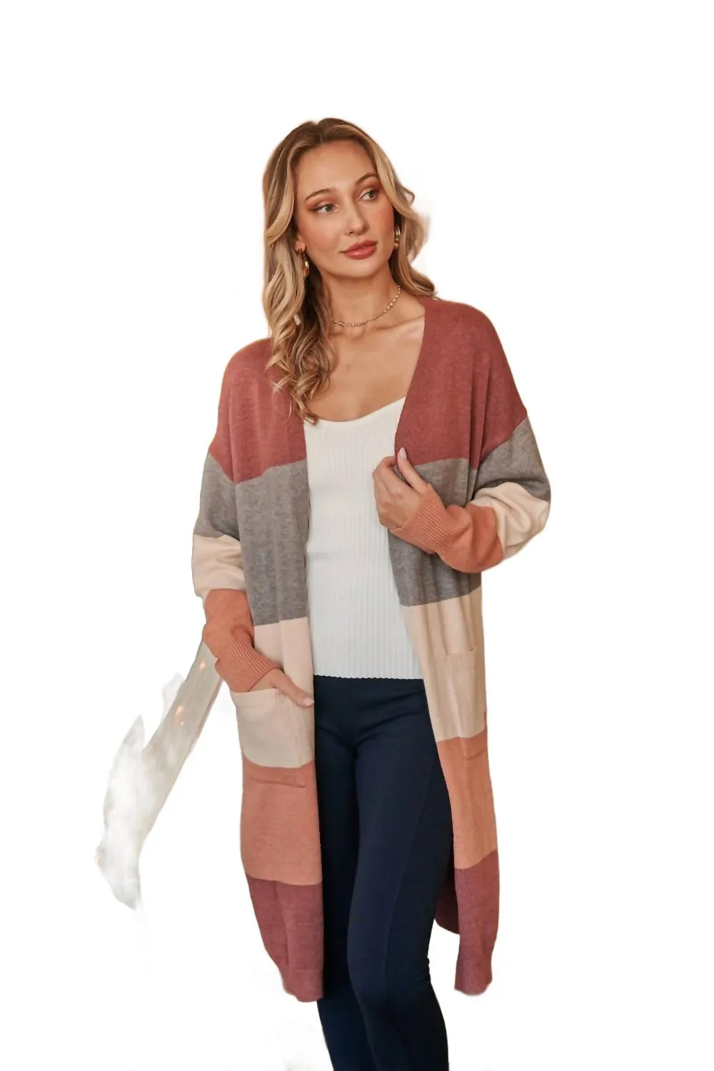 Color Block Midi Cardigan - Mauve/grey