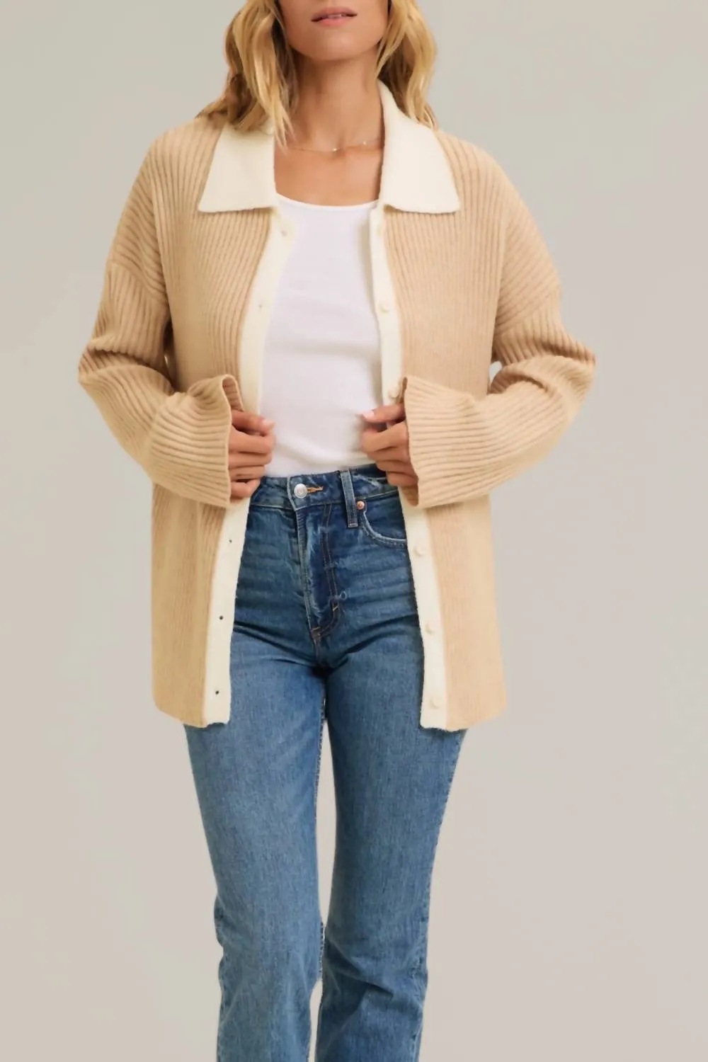 Color Block Ribbed Knit Button Down Sweater In Beige