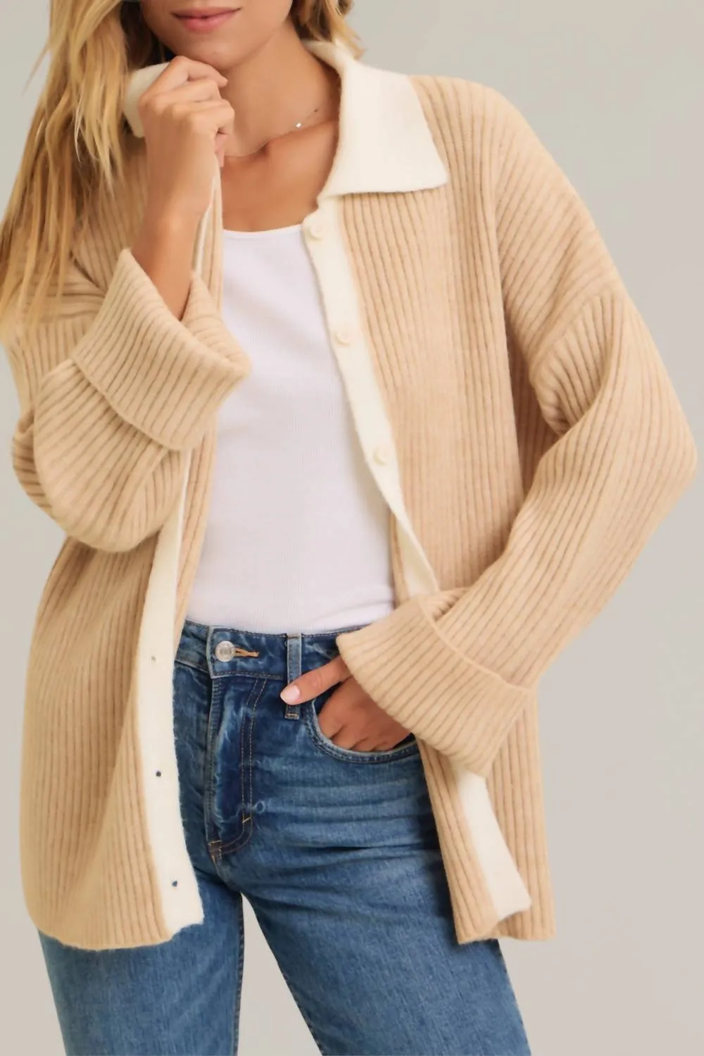 Color Block Ribbed Knit Button Down Sweater In Beige