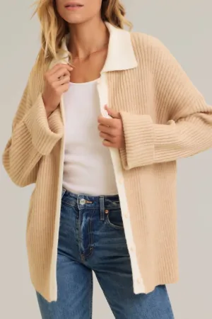 Color Block Ribbed Knit Button Down Sweater In Beige