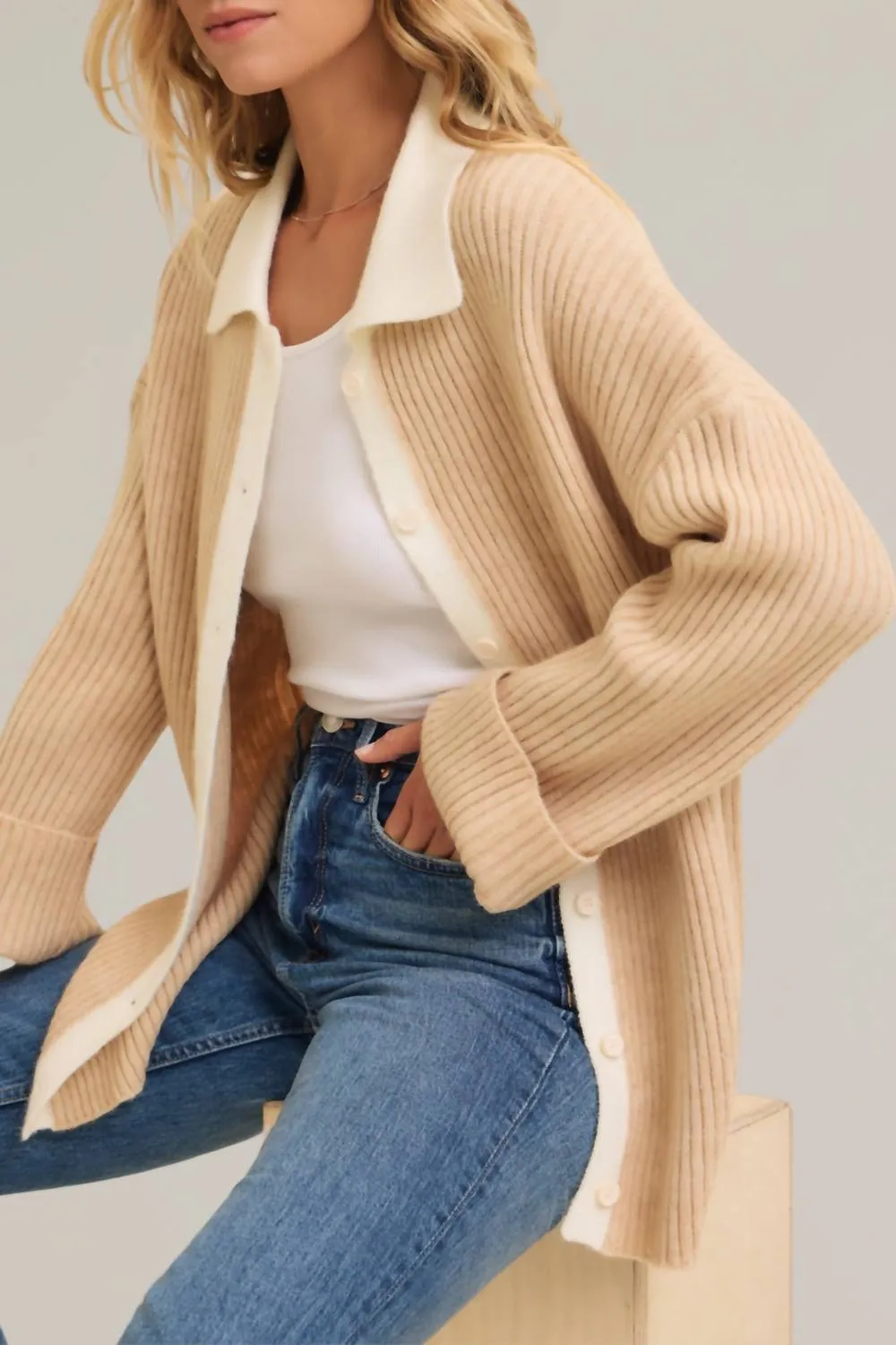 Color Block Ribbed Knit Button Down Sweater In Beige