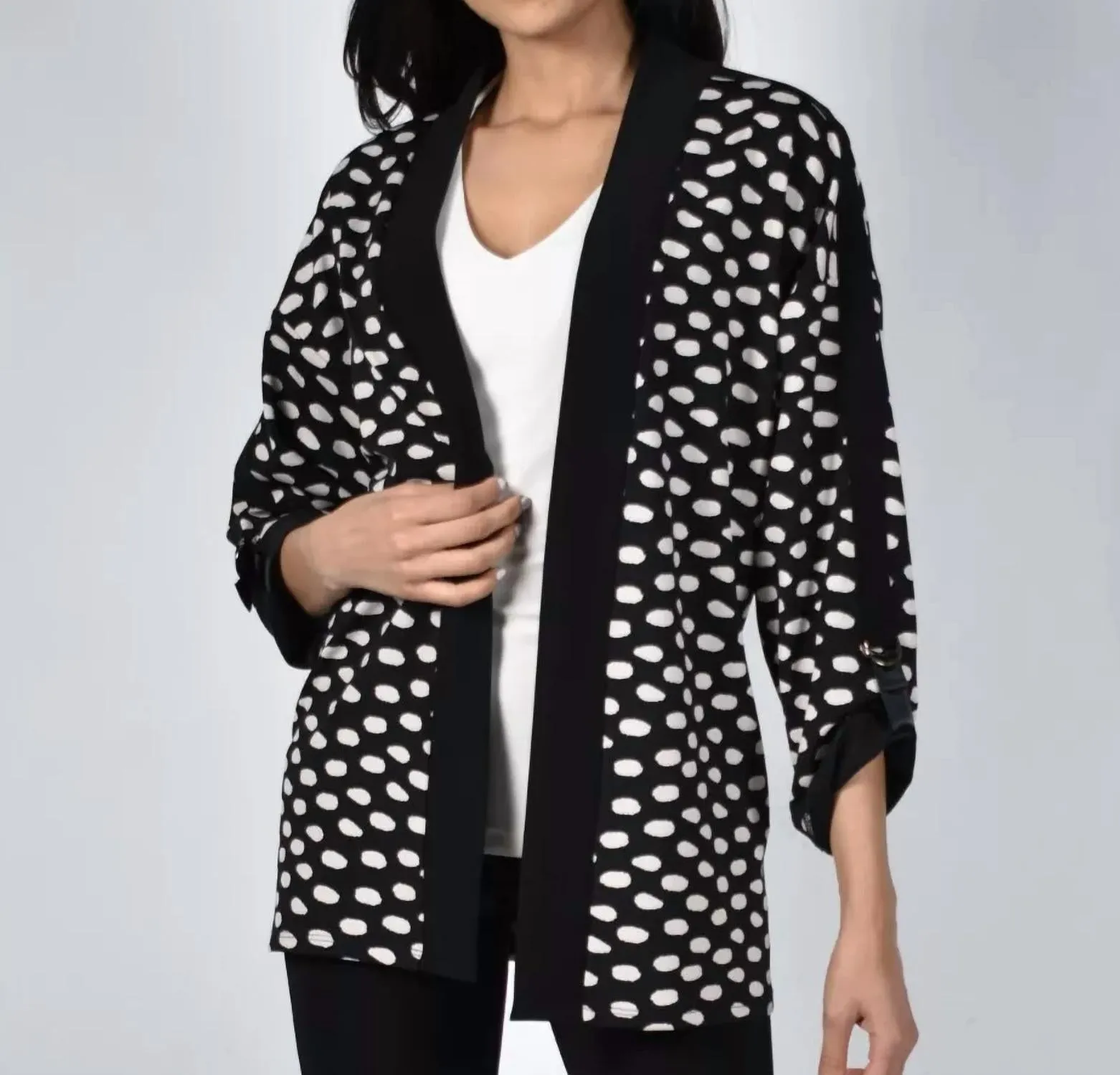 Dot Print Roll-Up Sleeves Cardigan In Black