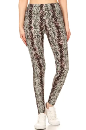 FASHNZFAB Yoga Style Banded Lined Snakeskin Printed Knit Legging With High Waist.
