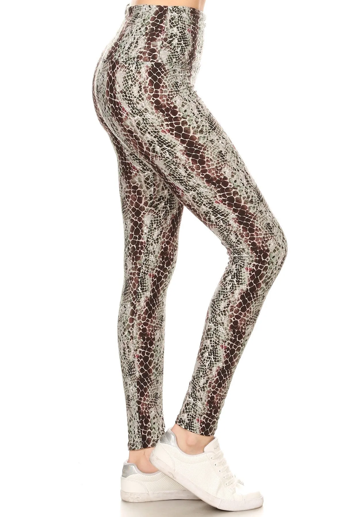 FASHNZFAB Yoga Style Banded Lined Snakeskin Printed Knit Legging With High Waist.