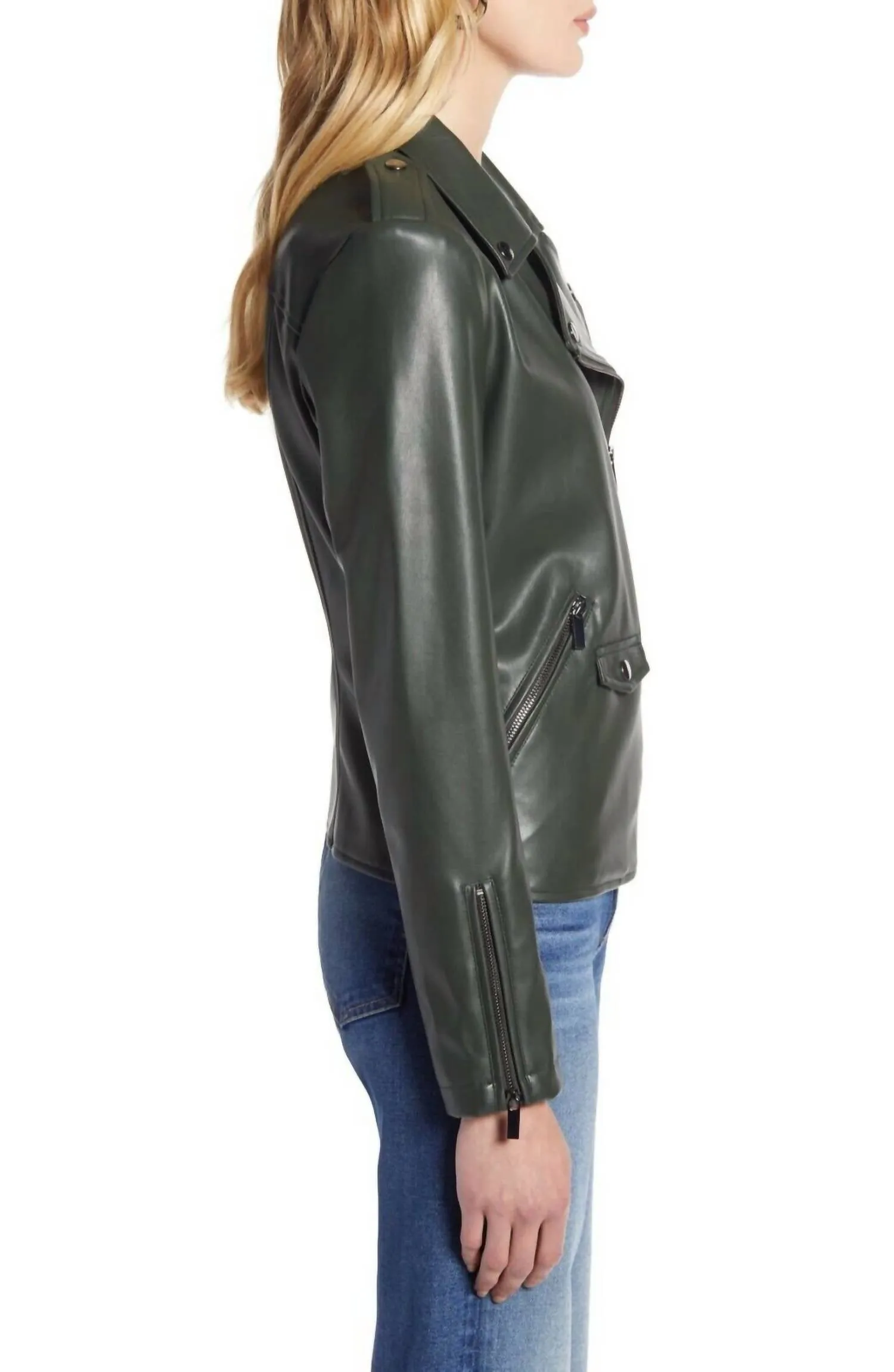 Faux Leather Motorcycle Biker Moto Jacket In Dark Green