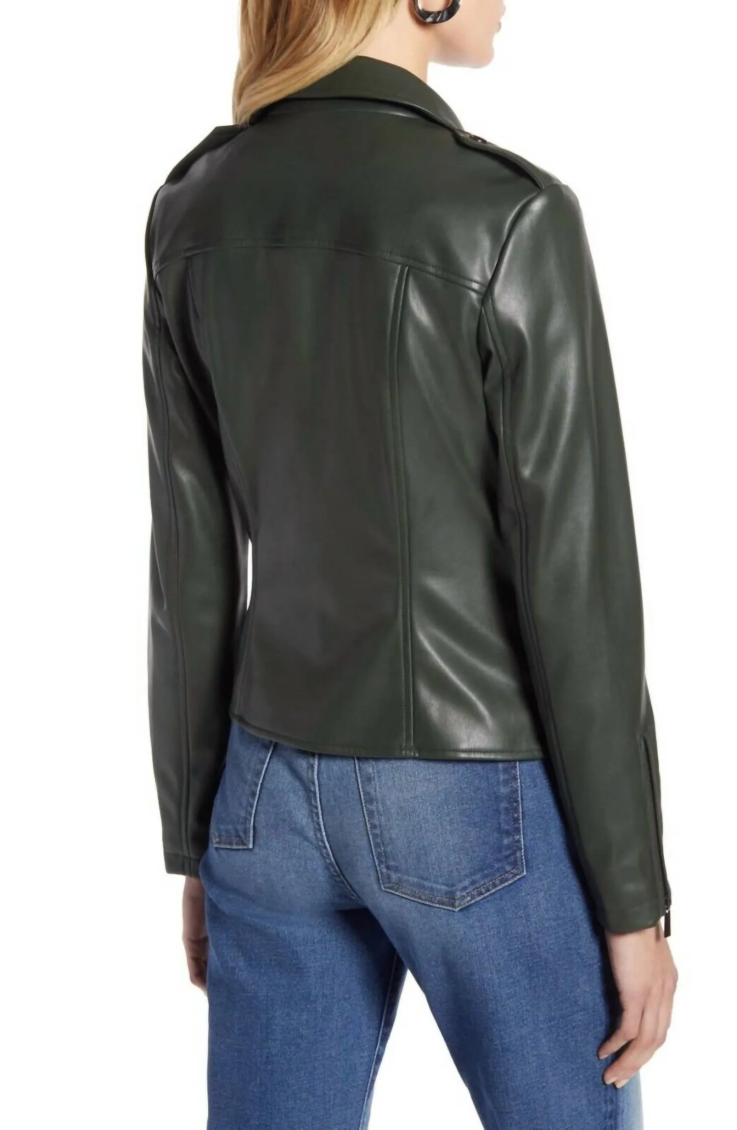 Faux Leather Motorcycle Biker Moto Jacket In Dark Green