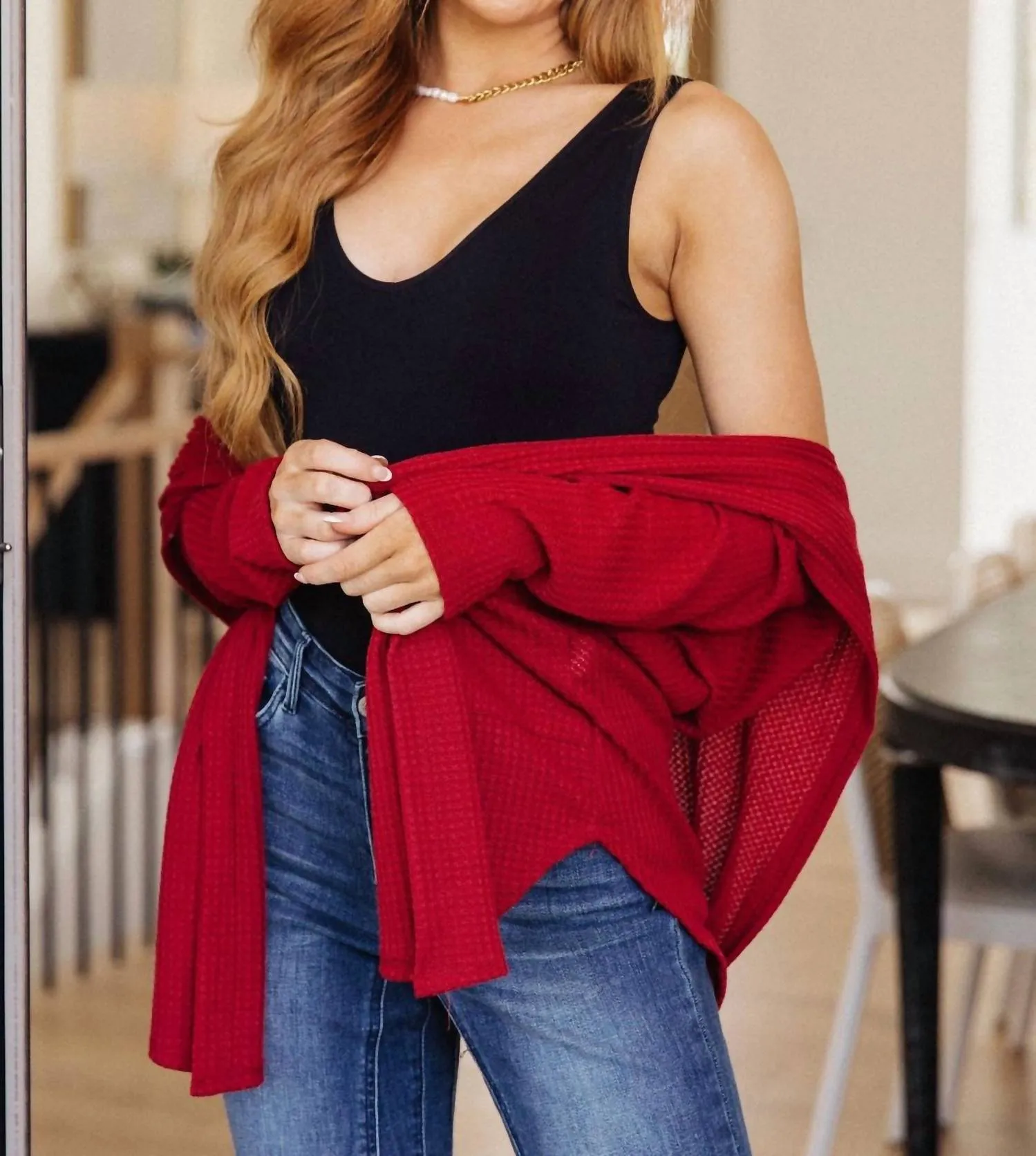First Things First Hooded Cardigan In Red