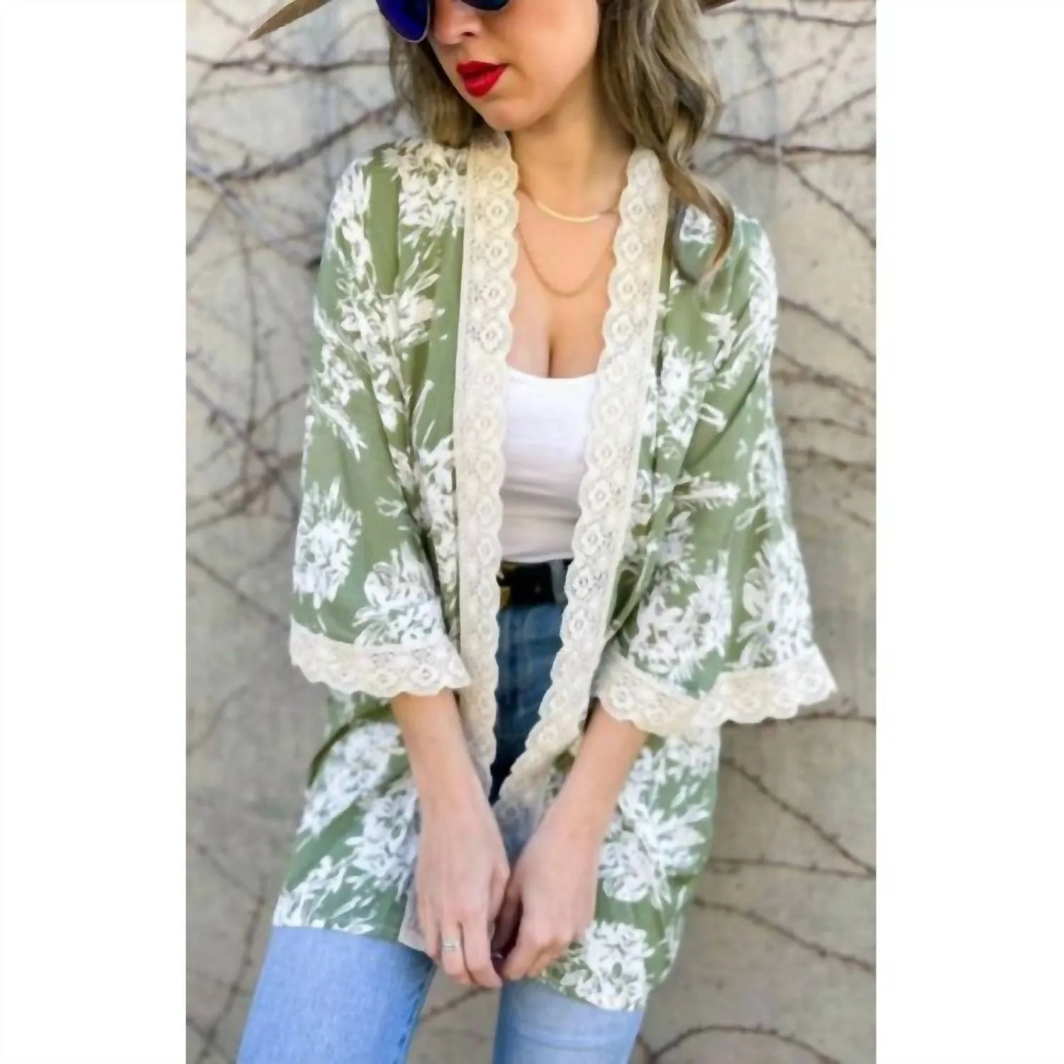 Floral Kimono With Lace Trim In Olive