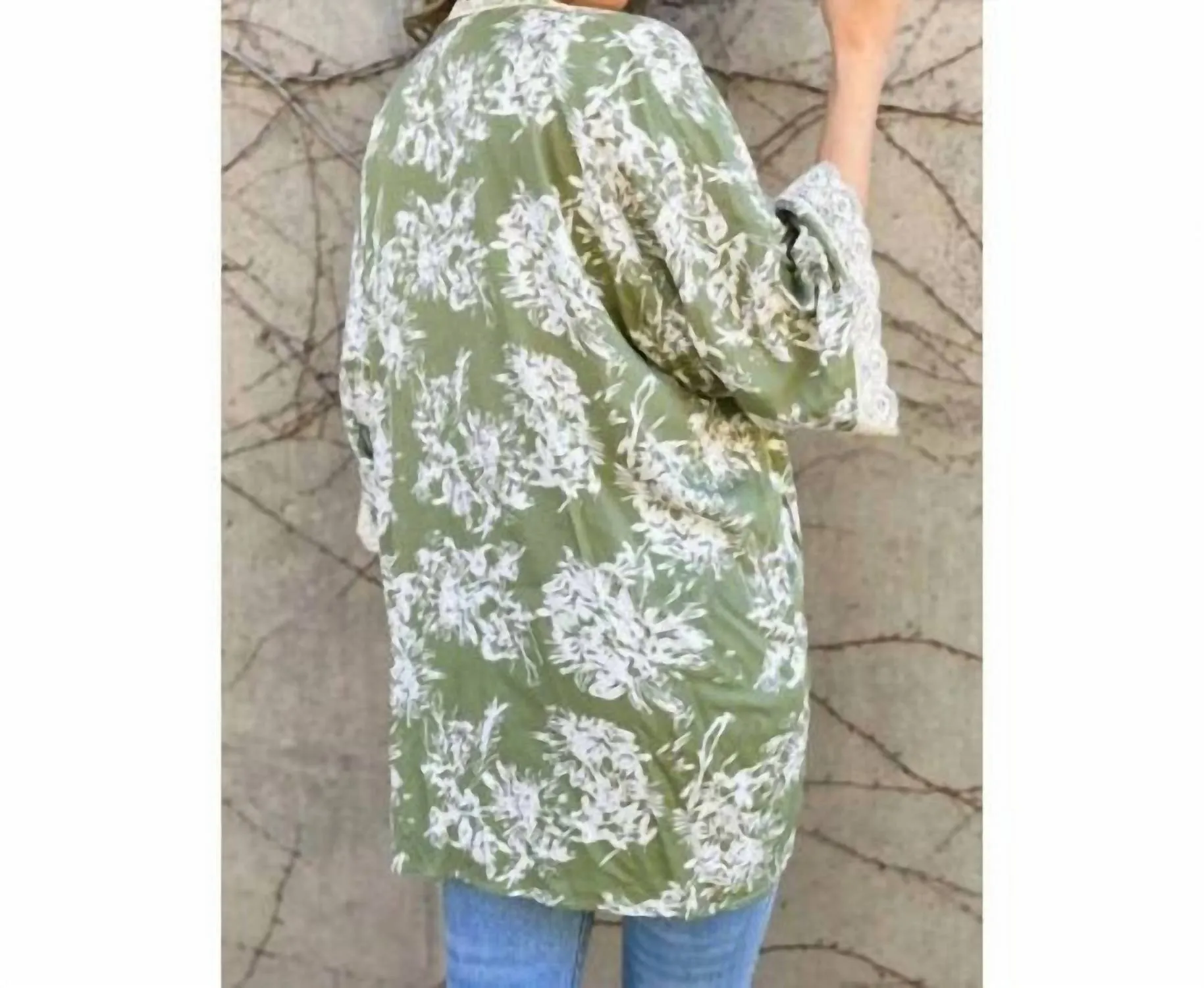 Floral Kimono With Lace Trim In Olive