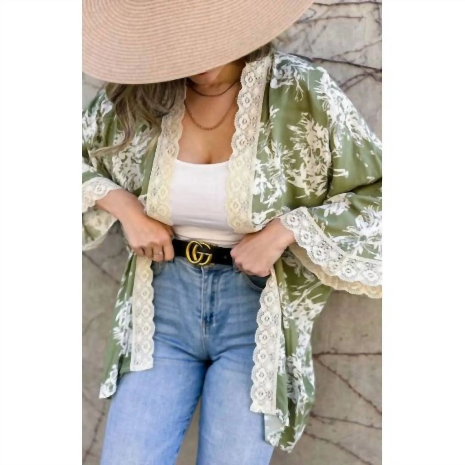 Floral Kimono With Lace Trim In Olive