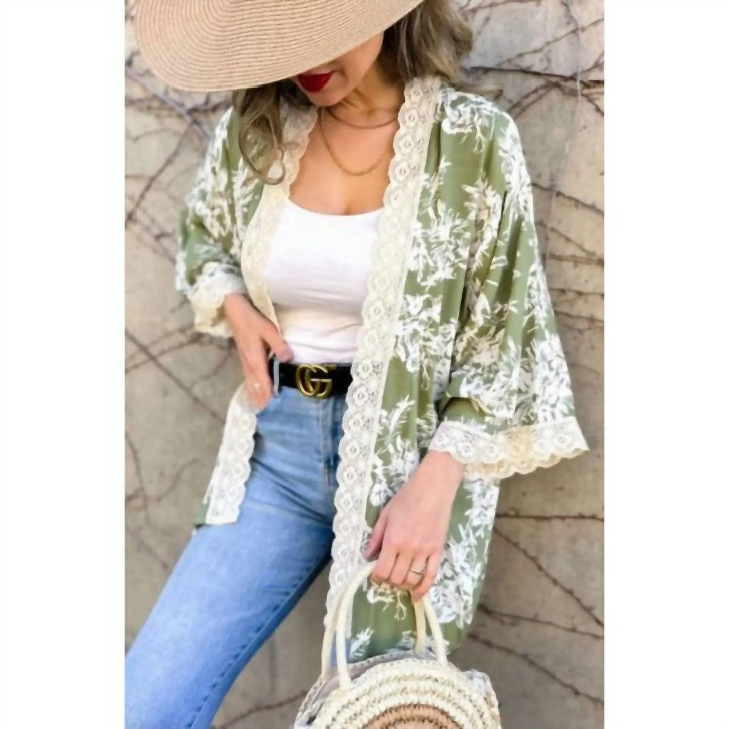 Floral Kimono With Lace Trim In Olive