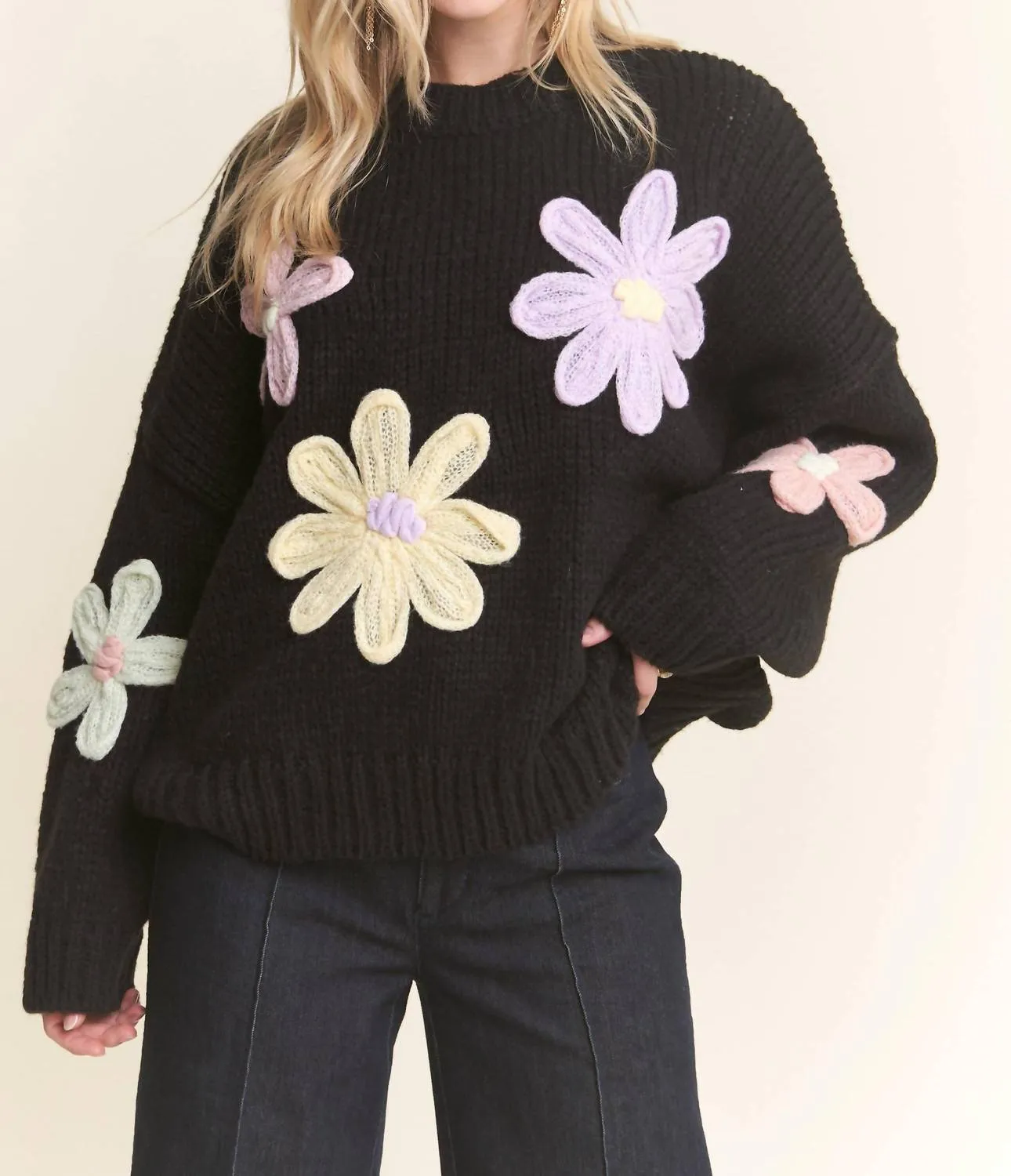 Flower Applique Sweater In Black