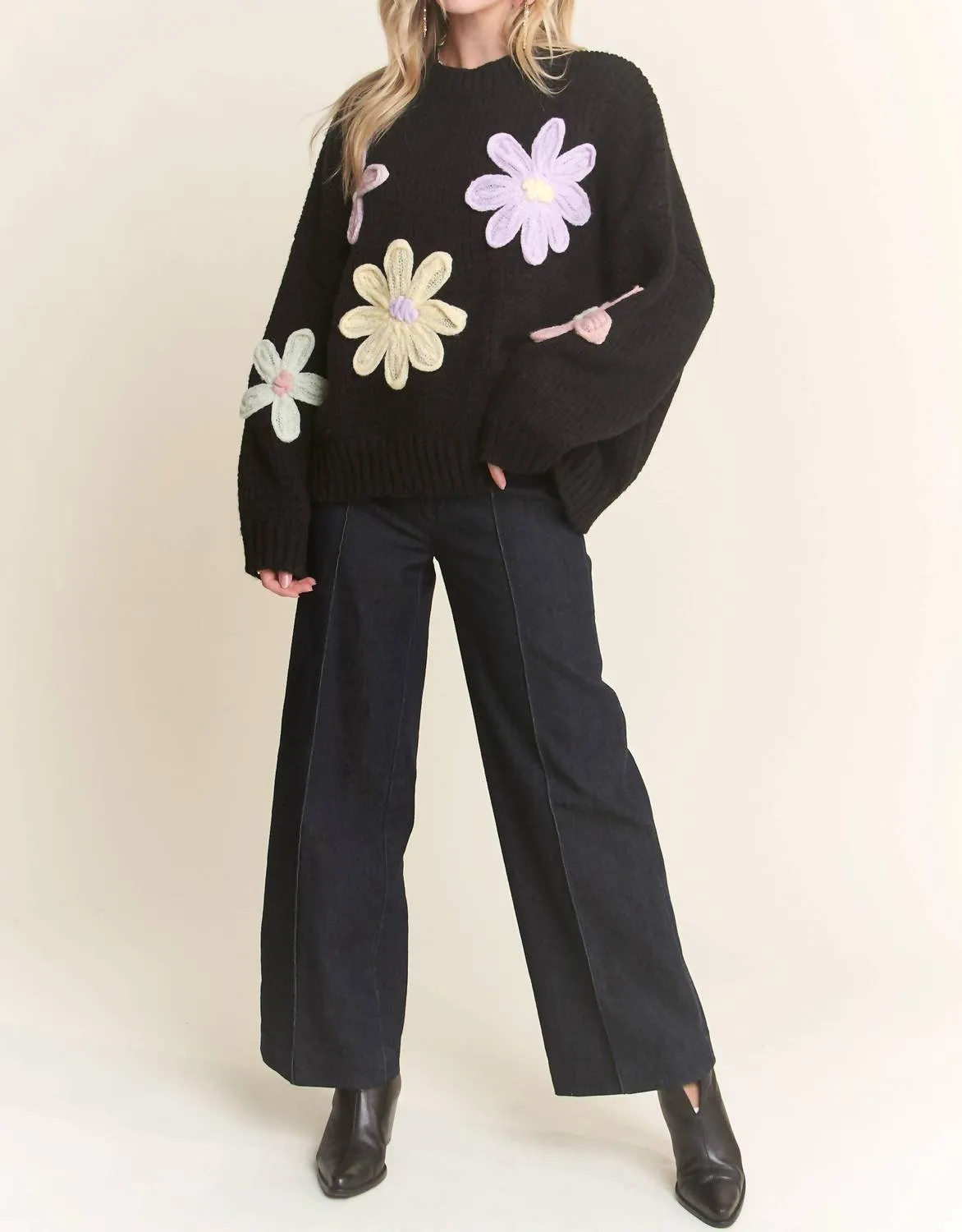 Flower Applique Sweater In Black