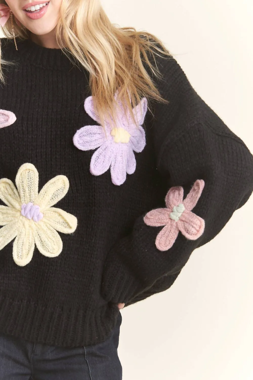 Flower Applique Sweater In Black