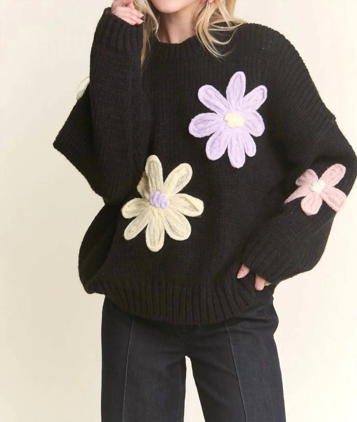 Flower Applique Sweater In Black