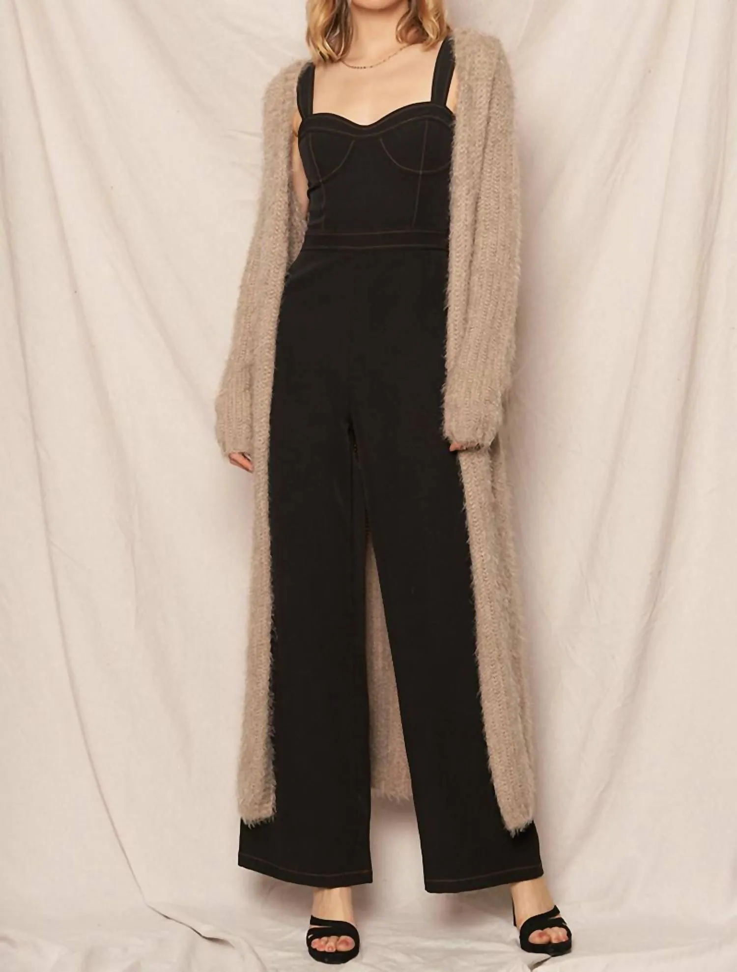 Fuzzy Long Sweater Cardigan In Mocha Grey