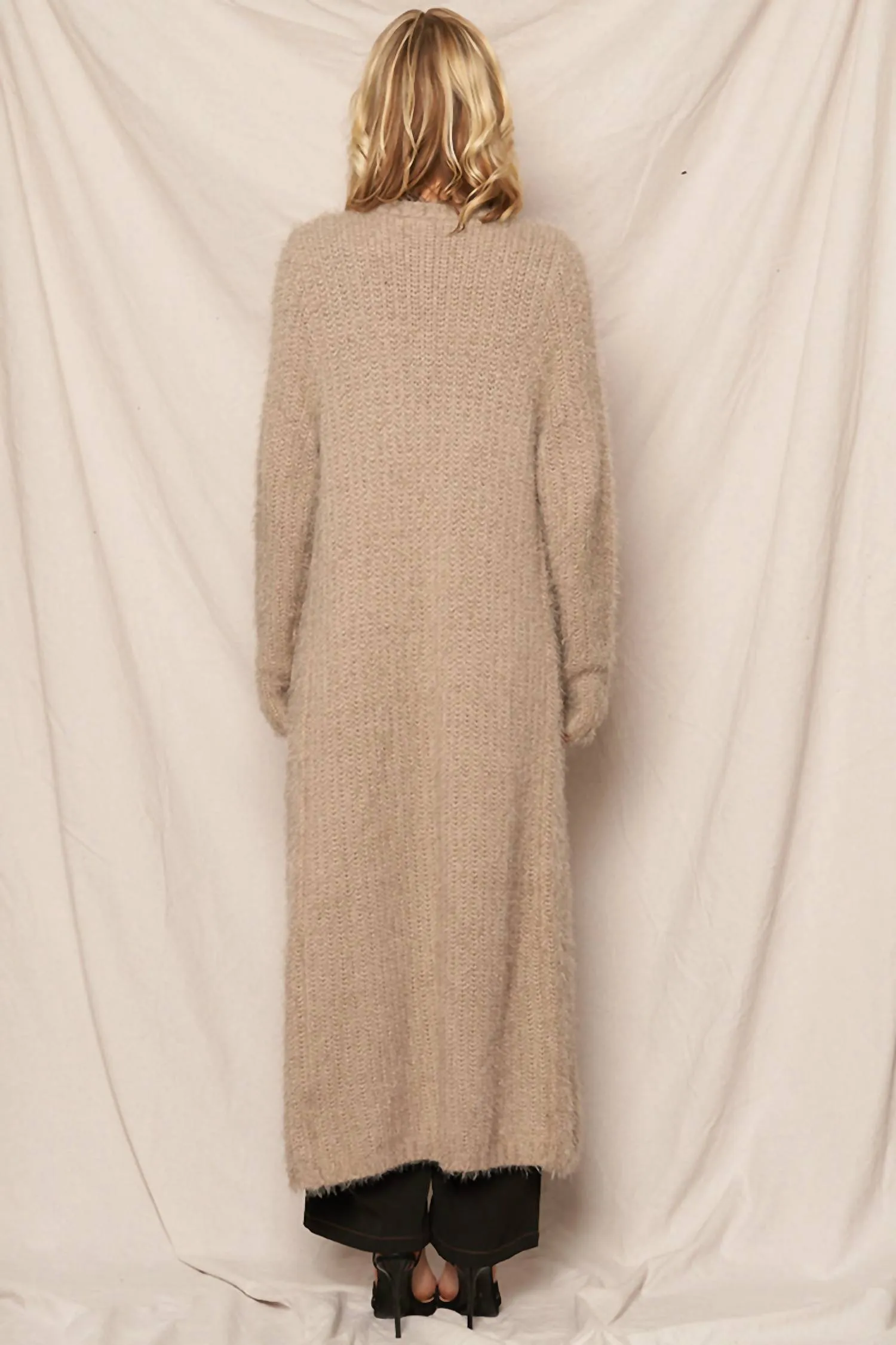 Fuzzy Long Sweater Cardigan In Mocha Grey