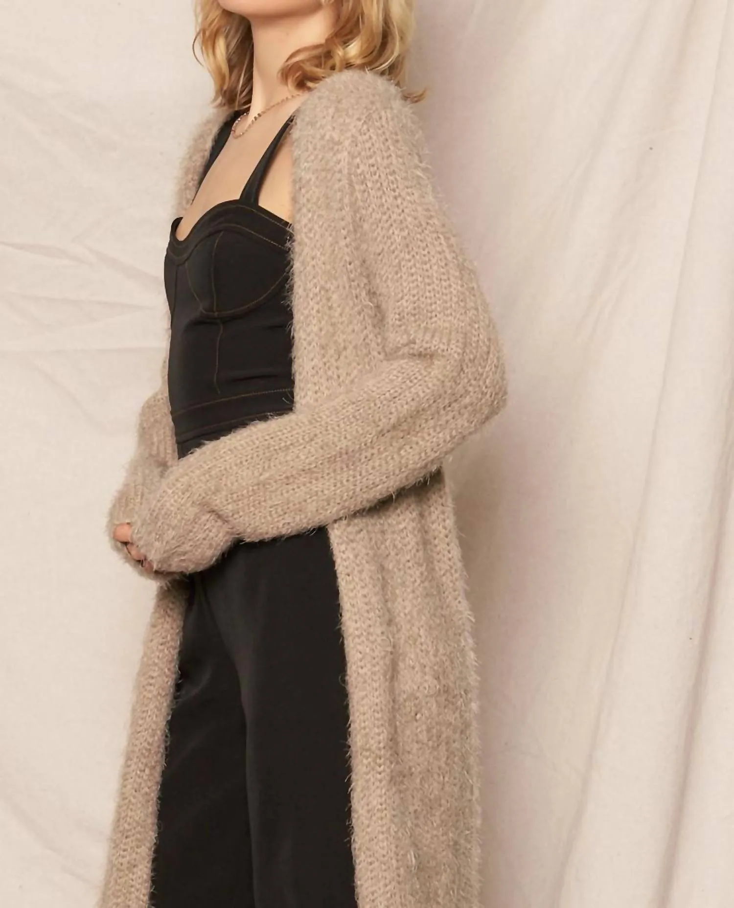 Fuzzy Long Sweater Cardigan In Mocha Grey