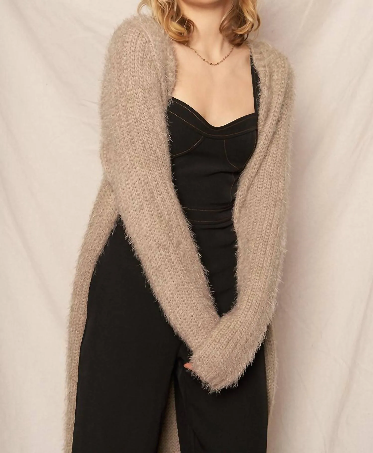 Fuzzy Long Sweater Cardigan In Mocha Grey