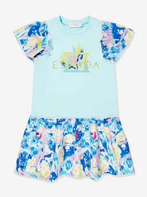Girls Batiste Printed Dress in Blue