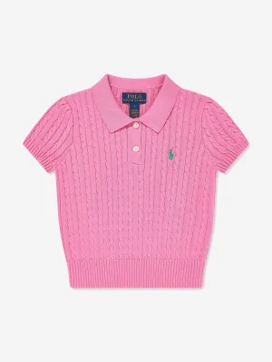 Girls Cable Knit Polo Sweater in Pink