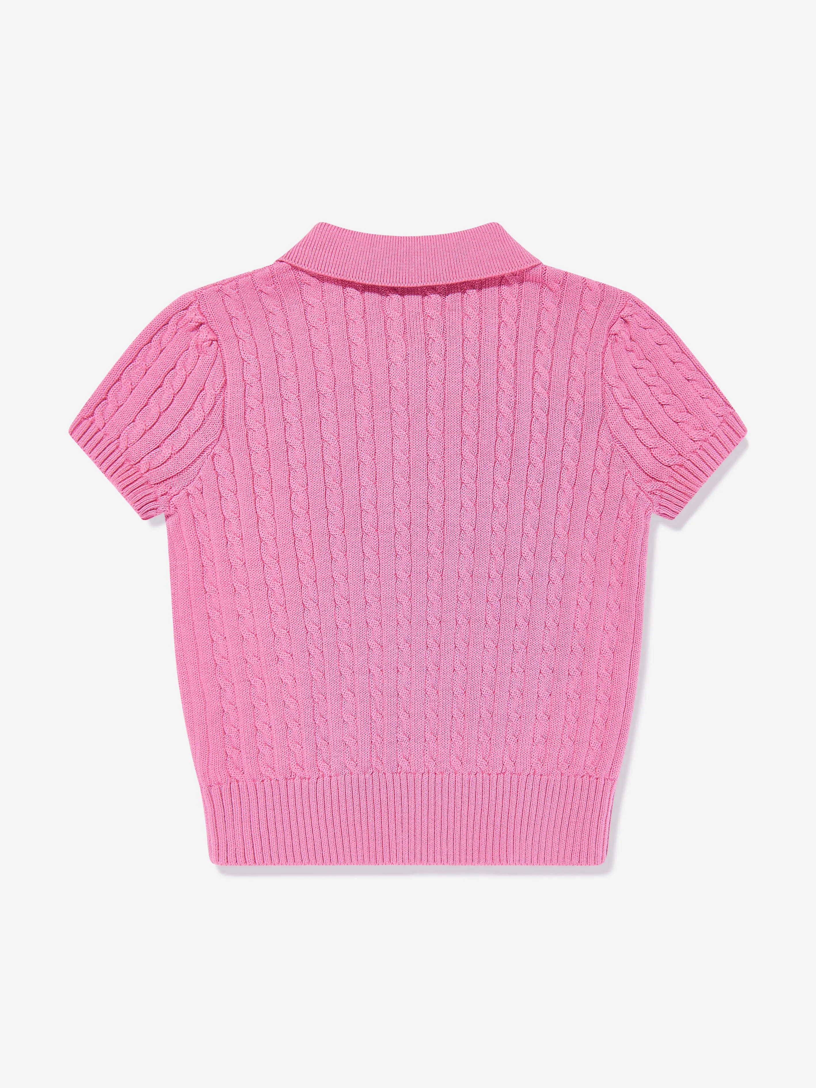 Girls Cable Knit Polo Sweater in Pink