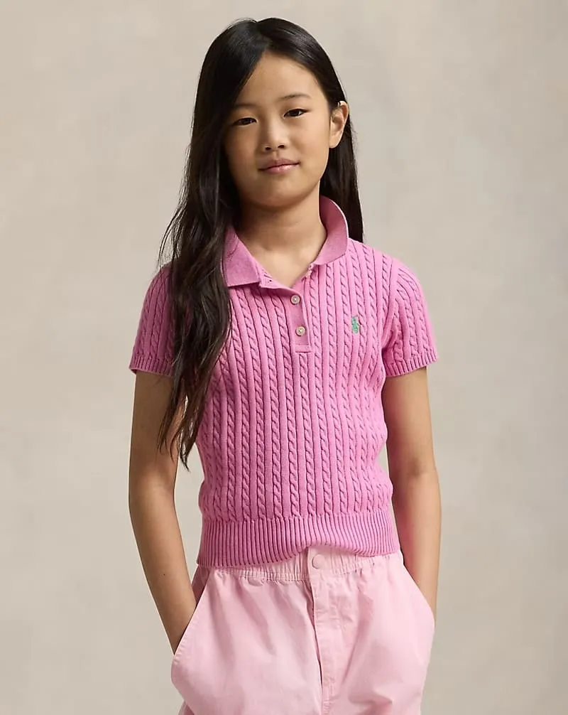 Girls Cable Knit Polo Sweater in Pink