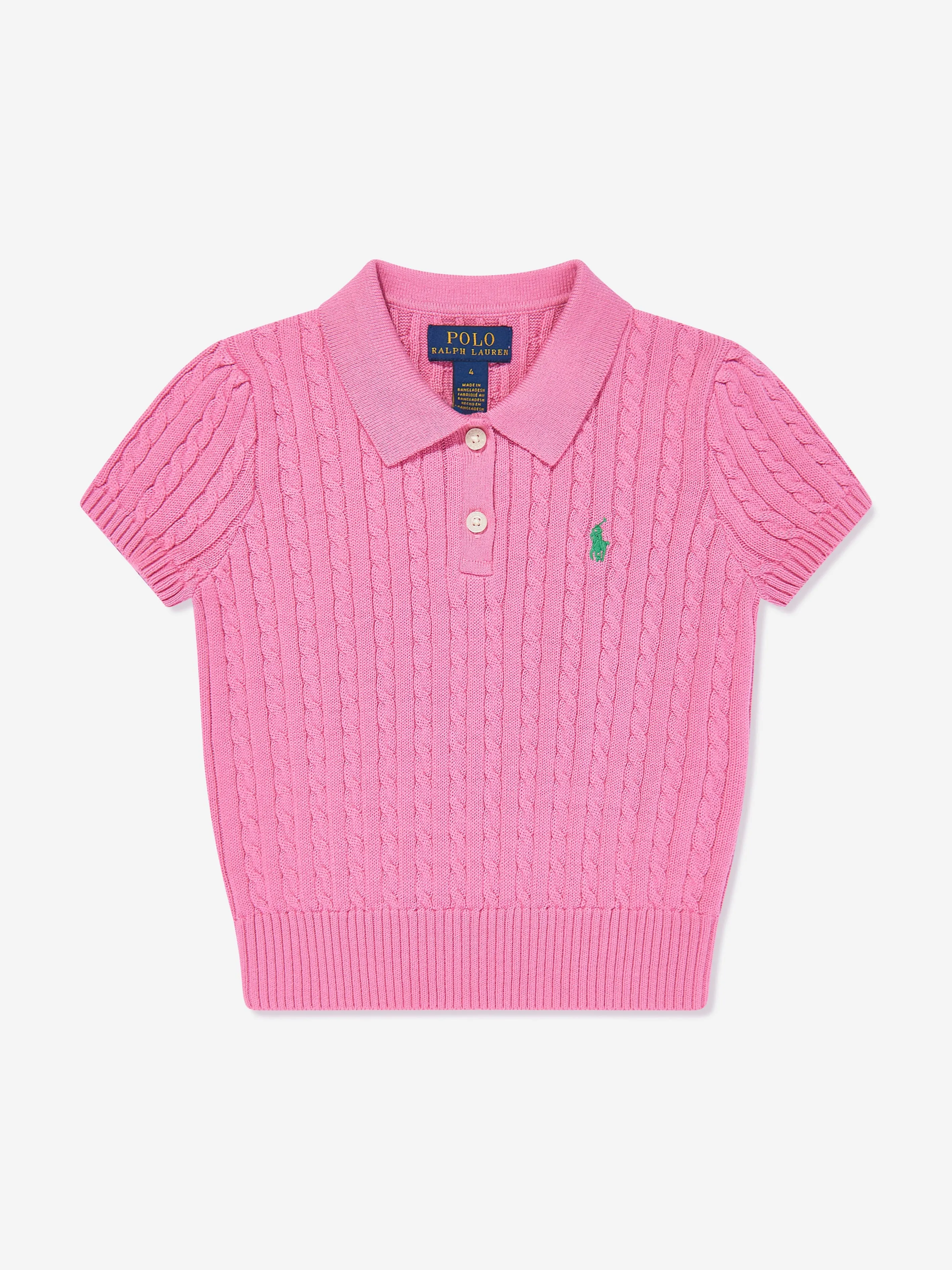 Girls Cable Knit Polo Sweater in Pink