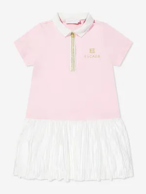 Girls Cotton Pleated Logo Dress in Pink