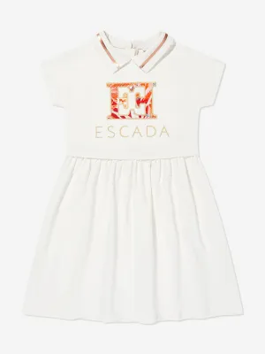 Girls Embroidered Logo Dress in Ivory