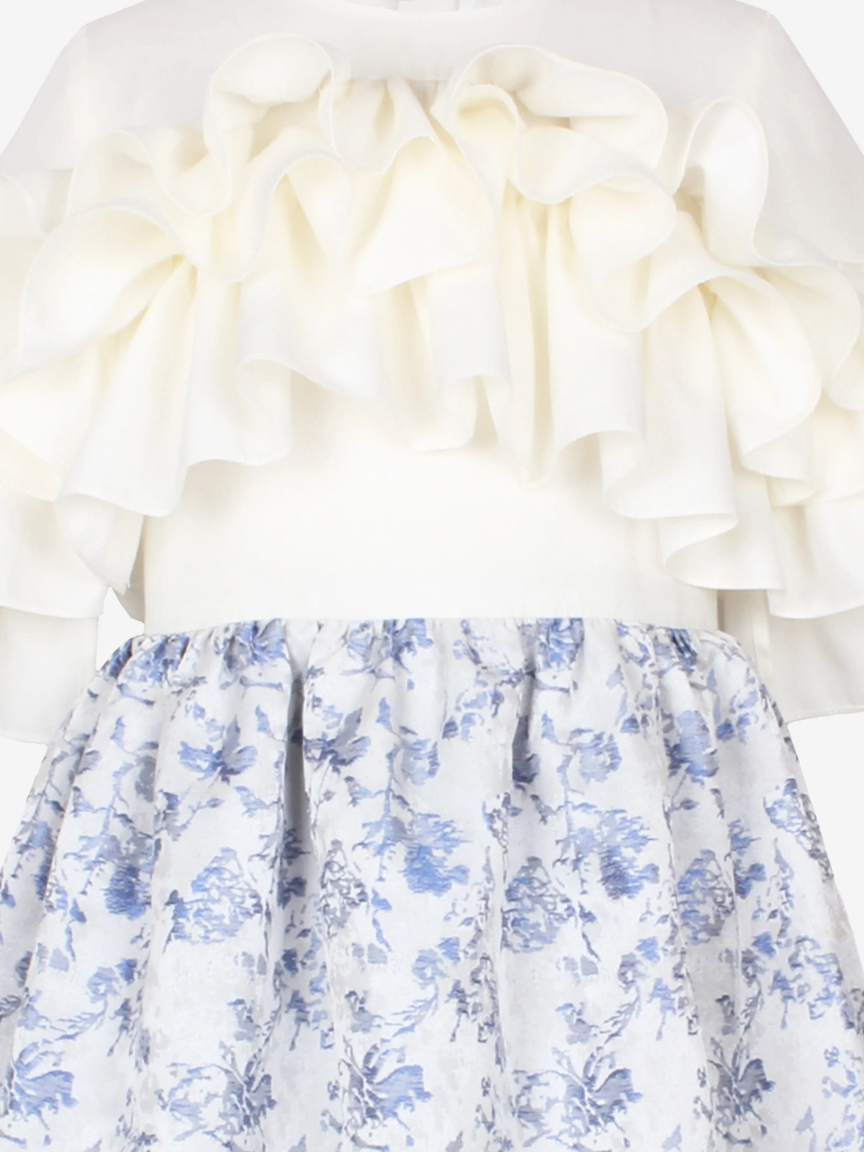 Girls Floral Jacquard Flutterby Ruffle Dress In Blue