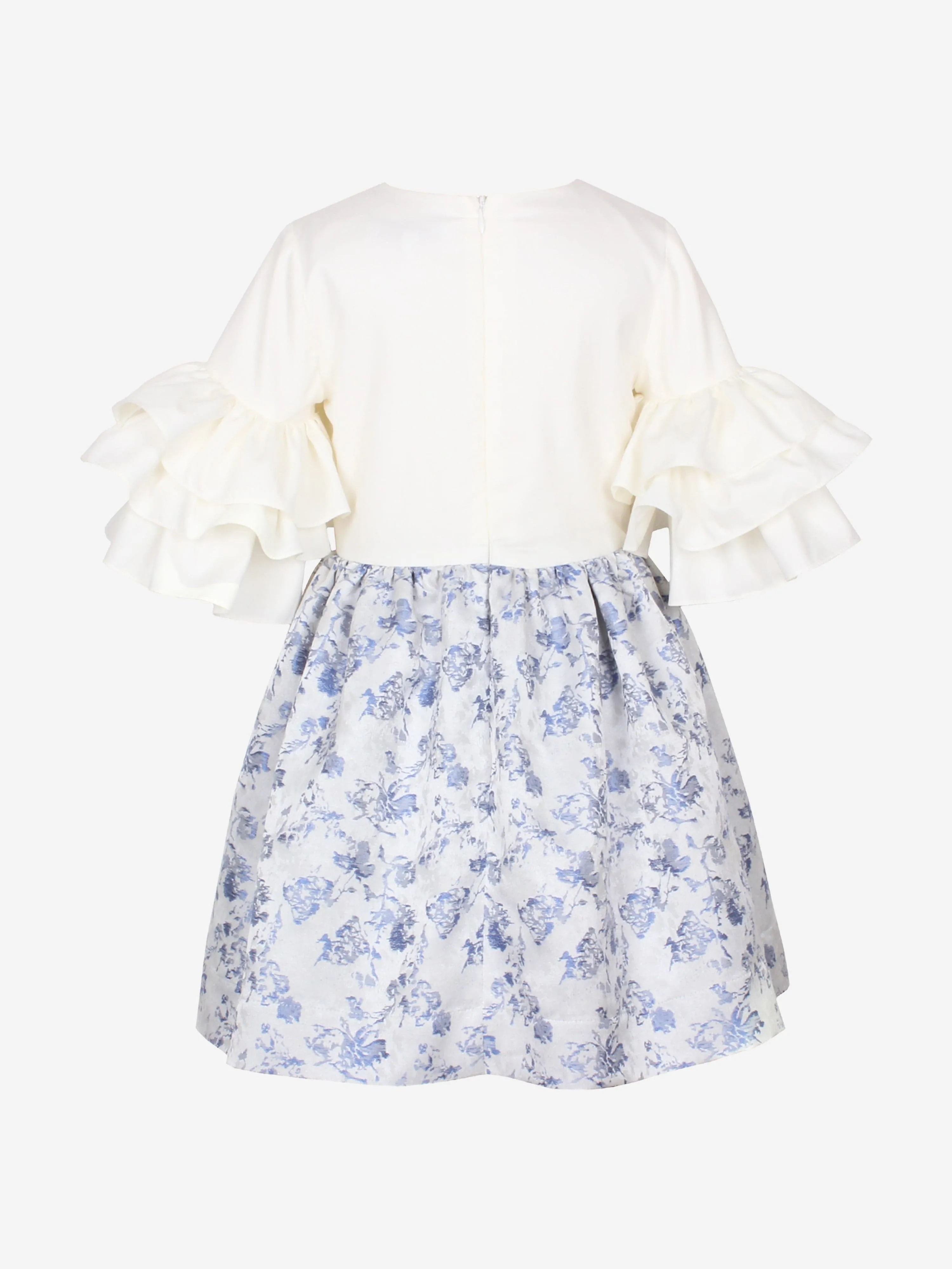 Girls Floral Jacquard Flutterby Ruffle Dress In Blue