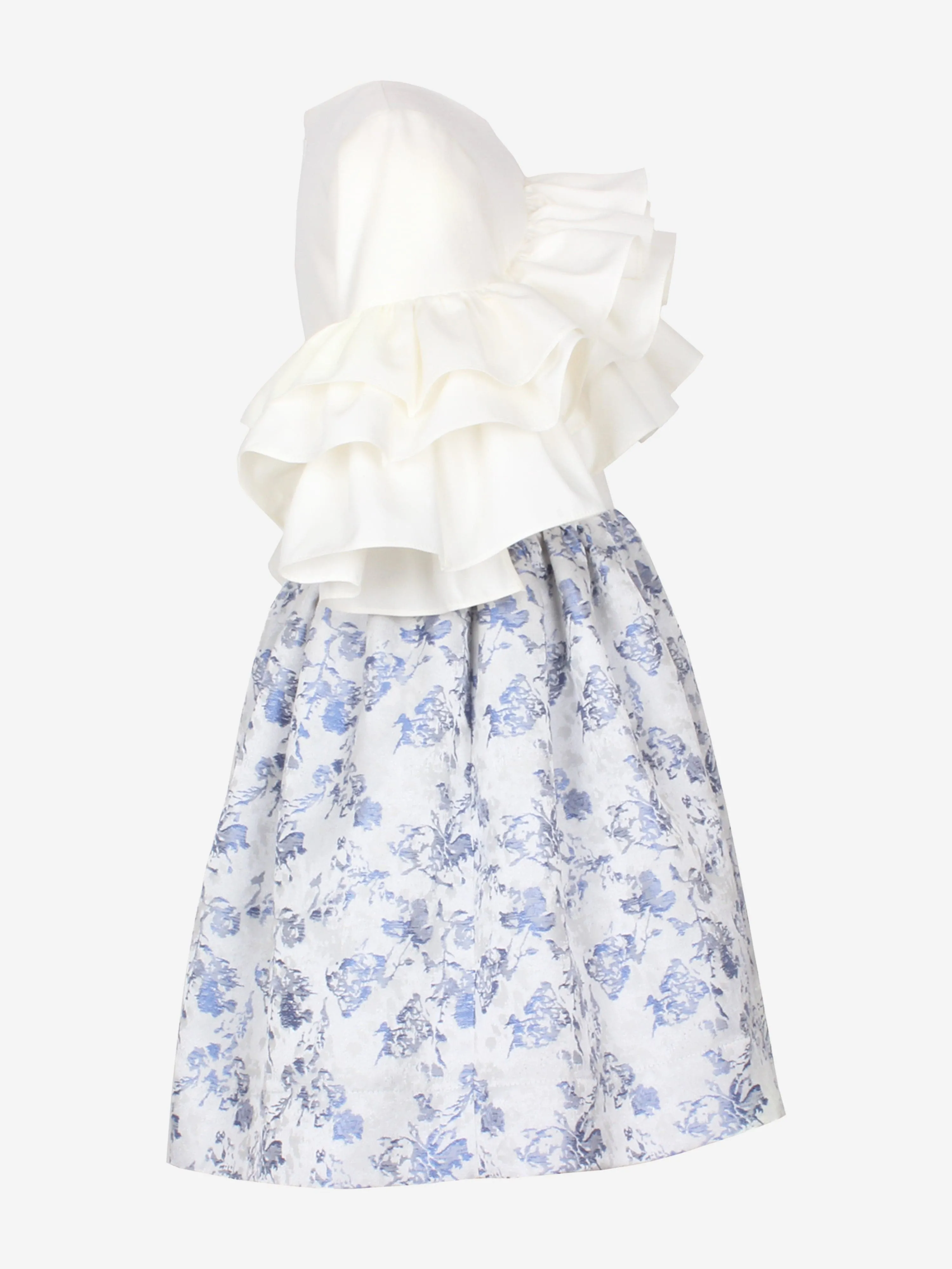 Girls Floral Jacquard Flutterby Ruffle Dress In Blue