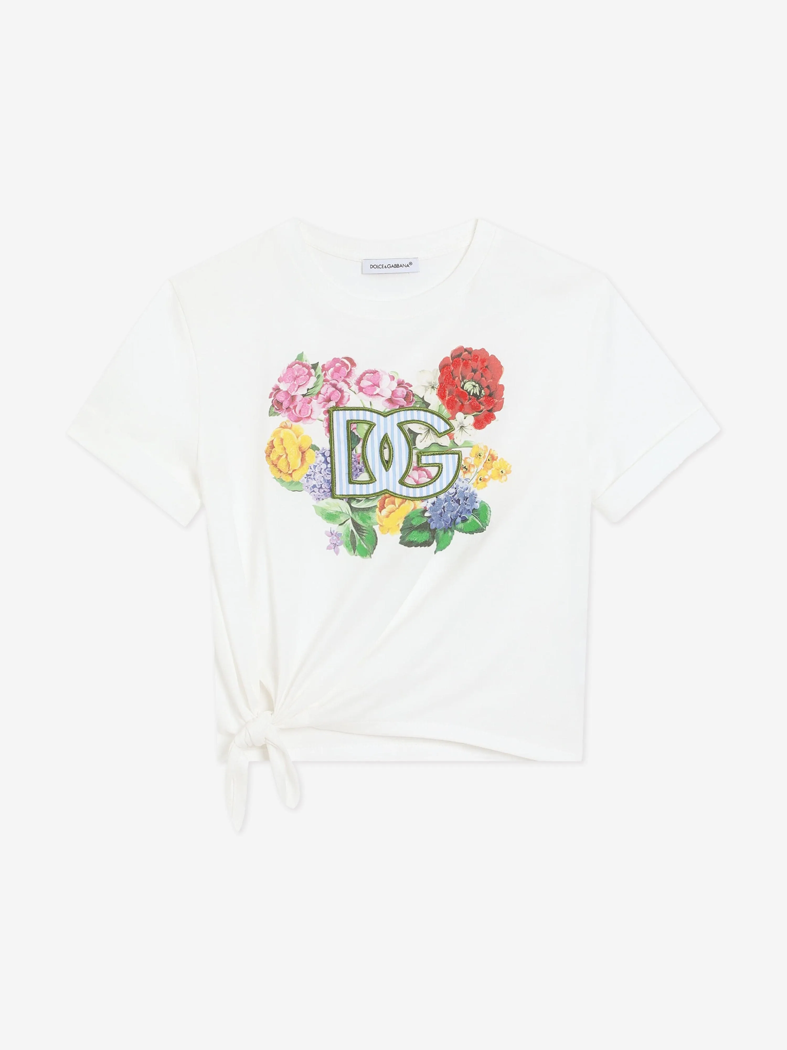 Girls Floral Logo Tie Front T-Shirt in White