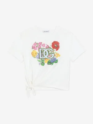Girls Floral Logo Tie Front T-Shirt in White