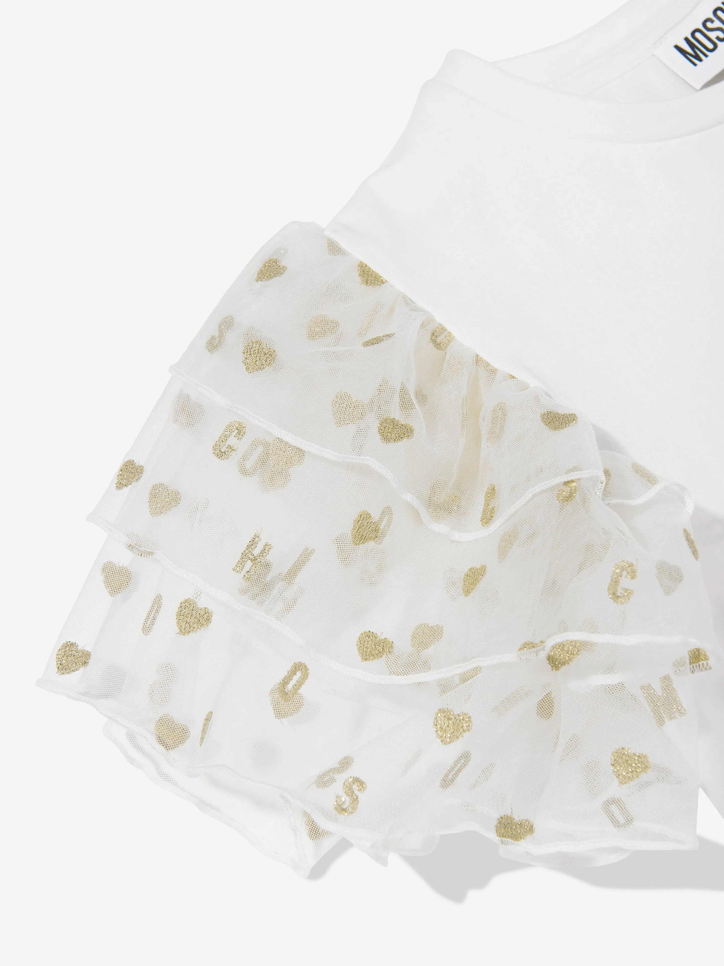 Girls Frilly Sleeve Heart Jersey Top in Ivory