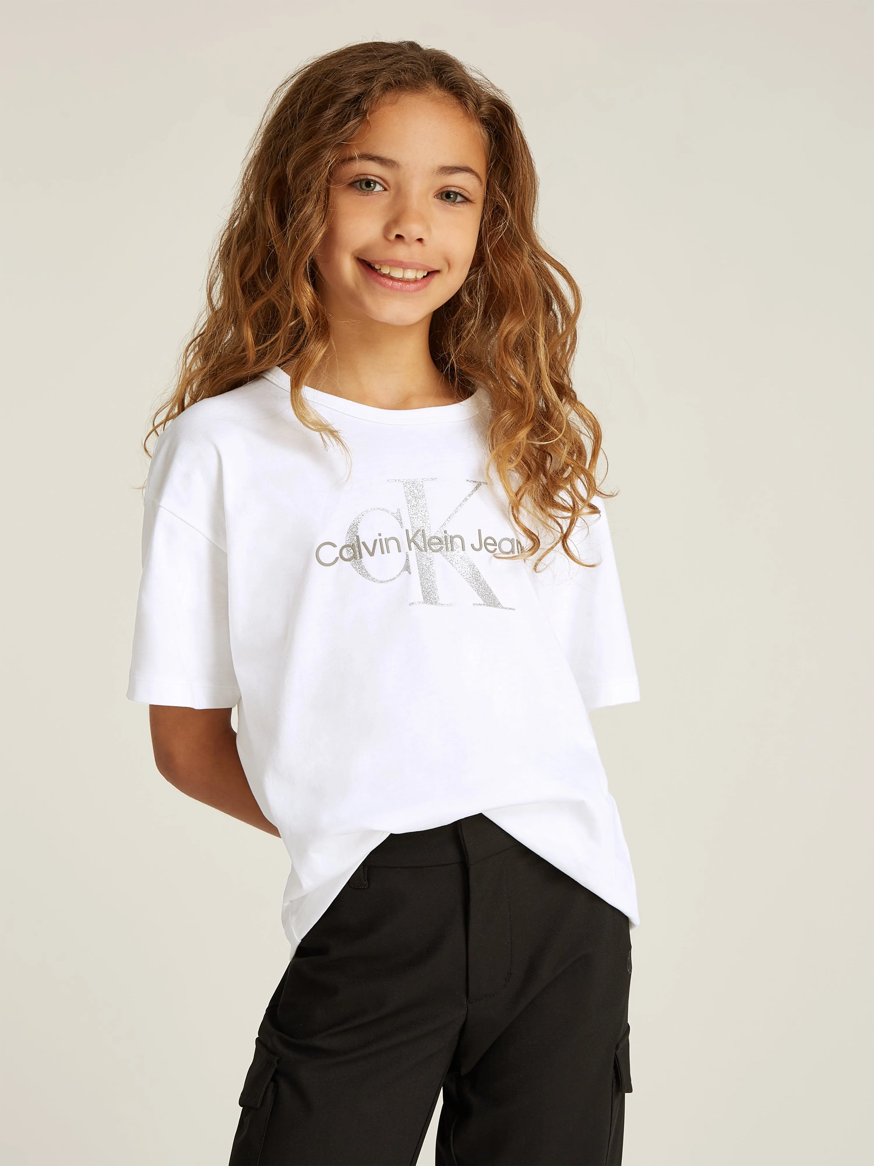 Girls Glitter Monologo T-Shirt in White
