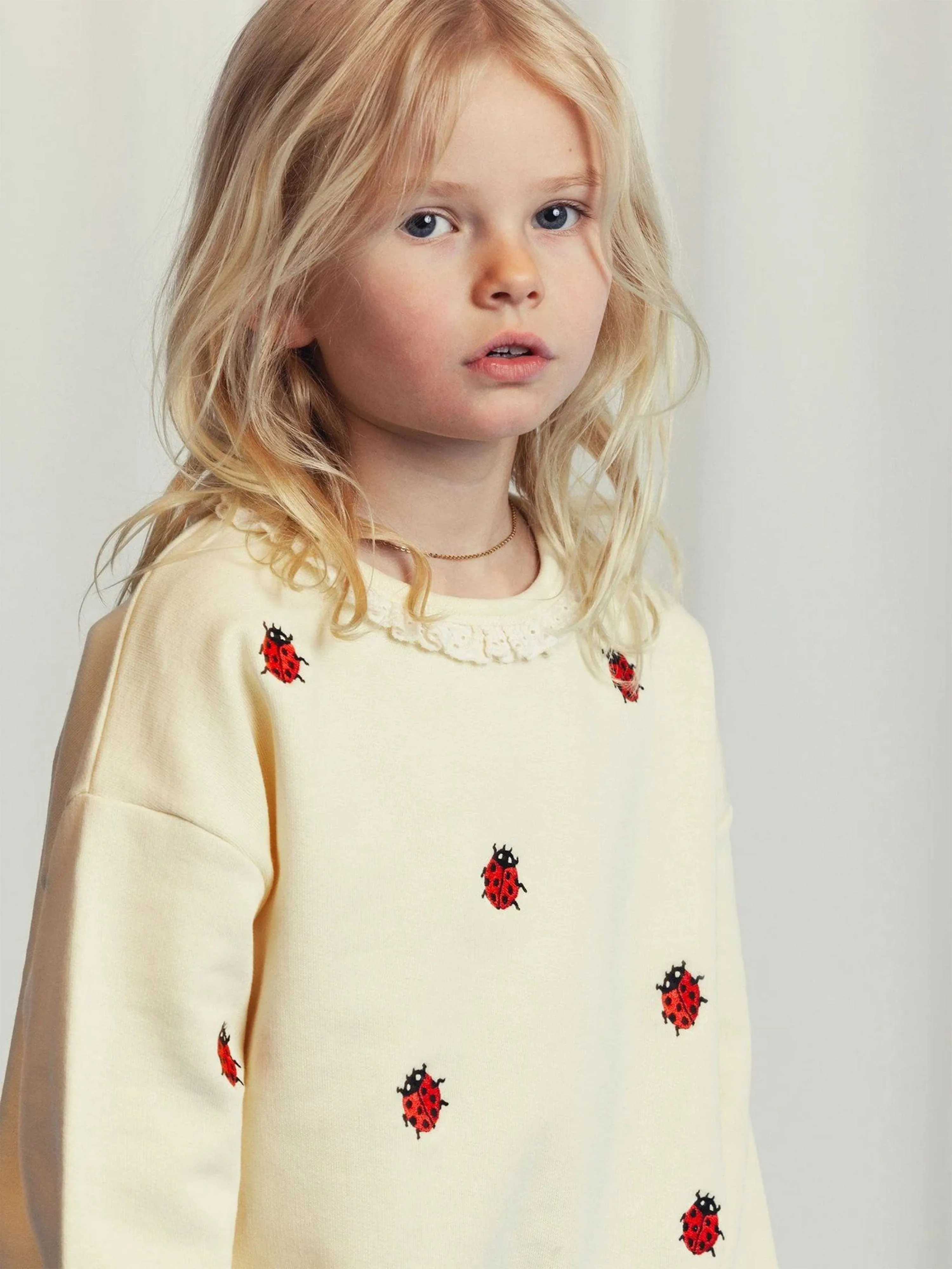 Girls Ladybugs Embroidered Lace Sweatshirt in Ivory