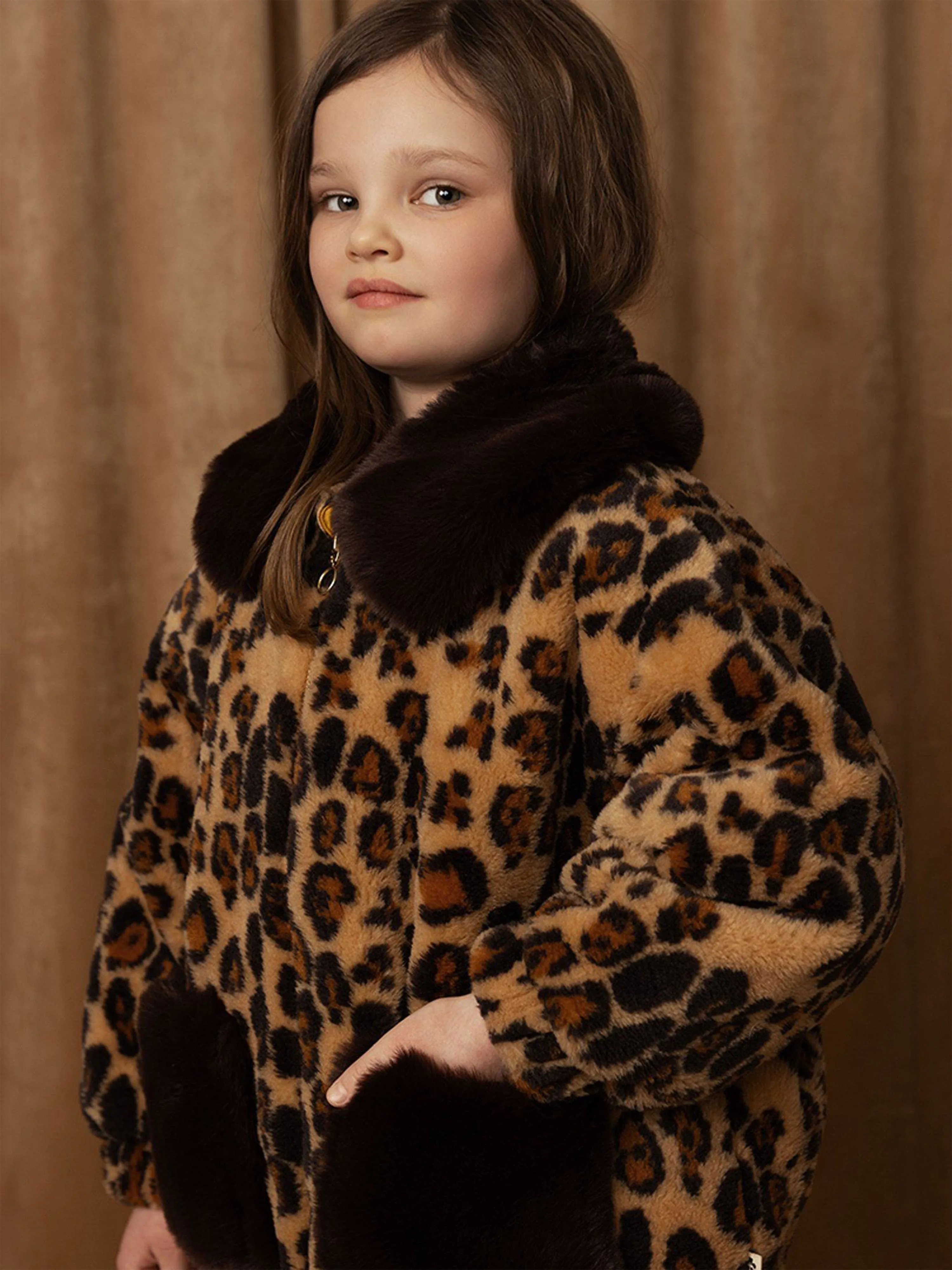 Girls Leopard Faux Fur Jacket in Brown